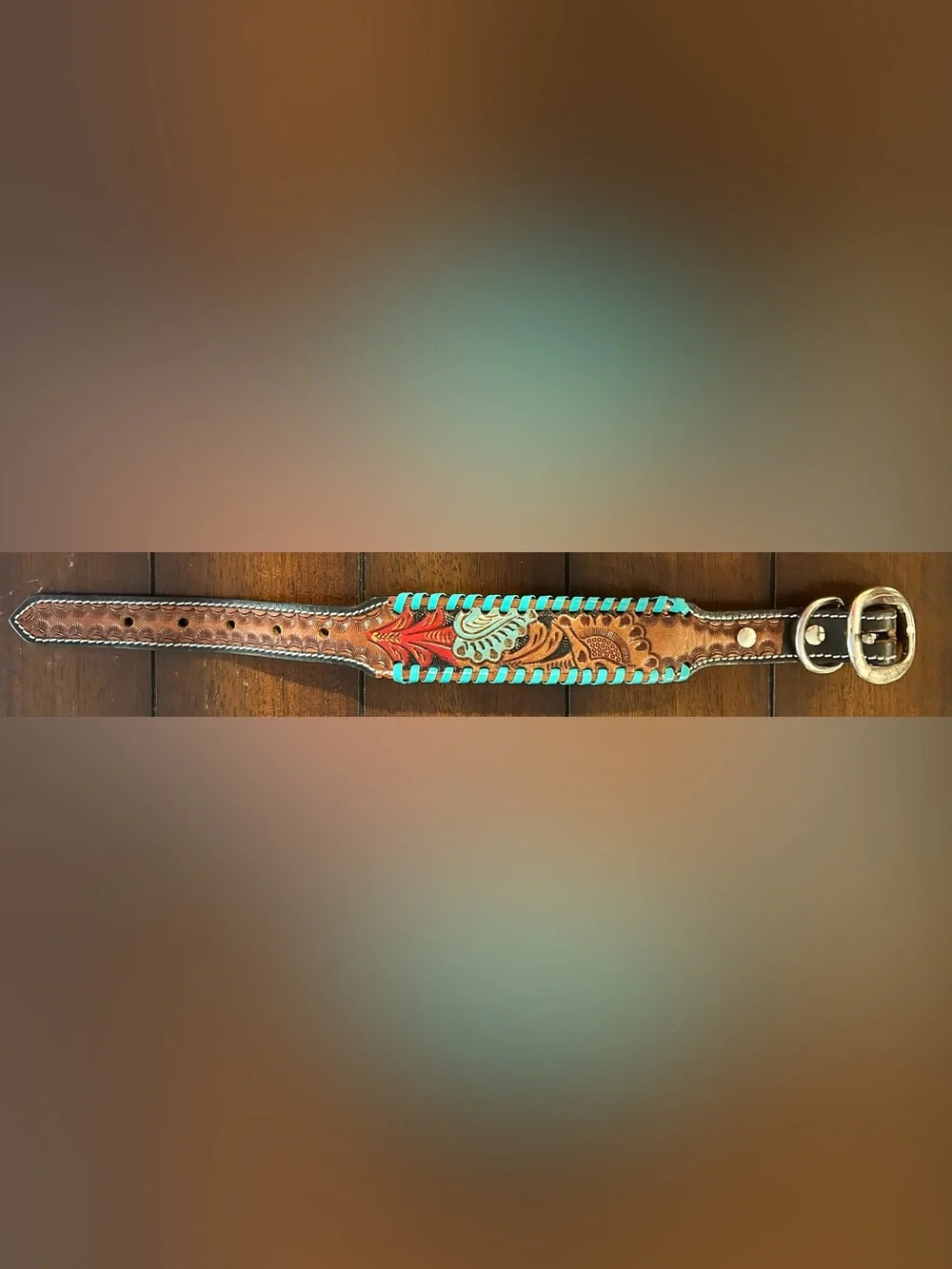 Tooled Genuine Leather Western Dog Collar w/ Turquoise and Red Accents-SMALL